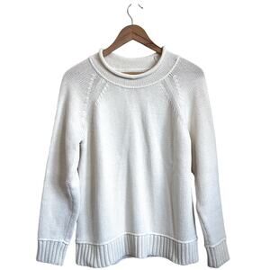 LL Bean Womens Roll Neck Sweater Size L Cream Fisherman Chunky Organic Cotton